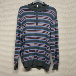 LL‎ Bean Men's Cotton Cashmere Blend Men's XL Green 1/4 Zip Wide Stripe Sweater